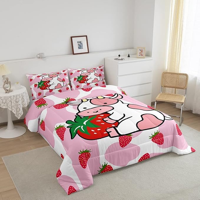 Feelyou Milk Cow Comforter Pink White Cow Strawberry Pattern Comforter Set Bedding Set for Kids Adults Kawaii Girls Milk Cow Print Duvet Set Ultra Soft Room Decor Queen Size Quilt Set