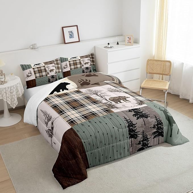 Rustic Farmhouse Kids Comforter Set King Size,Deer Antlers Bear Paws Plaids Patchwork Bedding Set for Boys Girls Adults Room Decor,Pine Trees Arrows Down Comforter,Xmas Duvet Insert,2 Pillowcases
