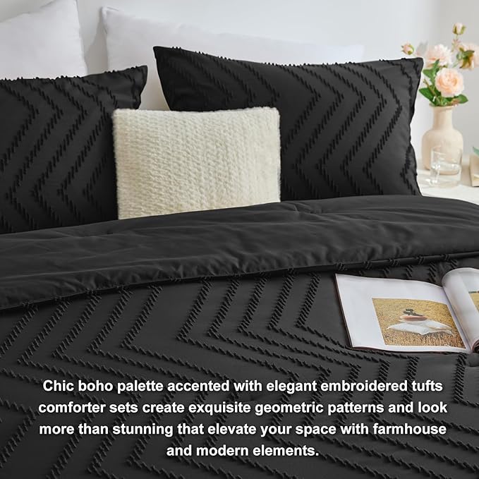 CozyLux Twin/Twin XL Size Comforter Set Black - 2 Pieces Black Boho Tufted Shabby Chic Bedding Comforter Set for All Seasons, Chevron Bedding Sets with Comforter & 1 Pillow Shams