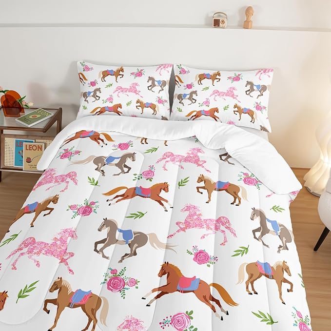 HOSIMA Kawaii Pink Rose Horse King Size Comforter Set,Cute Animal Horse Bedding Girls Teens Aesthetic Room Decor,Princess Toddler Bedding Set Cowboy Cowgirl Colorful Pony Comforter.