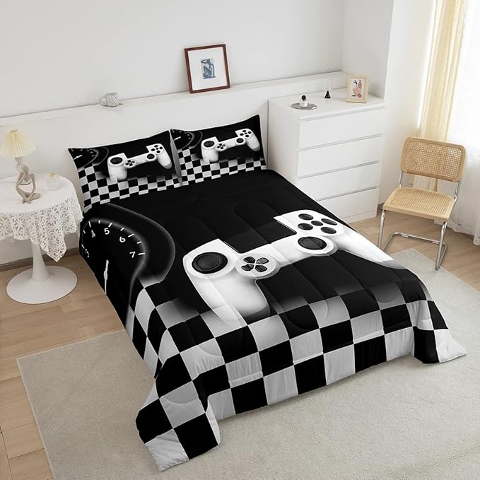 Erosebridal Gaming Alternative Bedding Set for Kids,White Gamepad Design Comforter Set Teenage Boys Room Decor,Buffalo Plaid Check Modern Down Comforter Lightweight Warm,Gamer Decor Duvet Insert Full