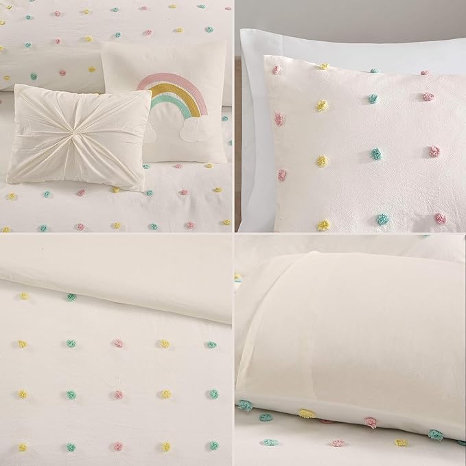 Callie Cotton Jacquard Weave Colorful Pom Pom Kids Comforter sets, Down Alternative Shabby Chic All Season Girls Bedding, Bedroom Decor, Full/Queen, Multi 5 Piece