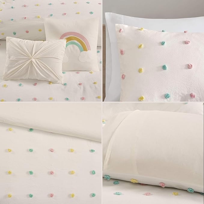 Duvet Cotton Jacquard Weave Colorful Poms Accent, Shabby Chic Cover for Comforter Cozy Bedding Set, Matching Shams, Decorative Pillows, Full/Queen, Multi, Twin/Twin XL, 4 Piece