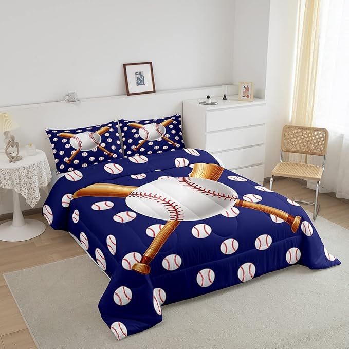 Baseball Comforter Set Sports Bedding Set Ball Comforter for Kids Boys Girls Baseball Games Blue Duvet Set Room Decor Quilt Baseball Bat Print Full Size Boys