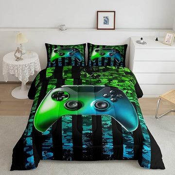 Gamer Comforter Set King Kids Boys Teens USA Flag Stars Down Comforter Gaming Comforter Gamer Room Decor Camo Video Game Bedding Set, Gamepad Console Duvet, Youth Young Man Quilt, Grunge Style