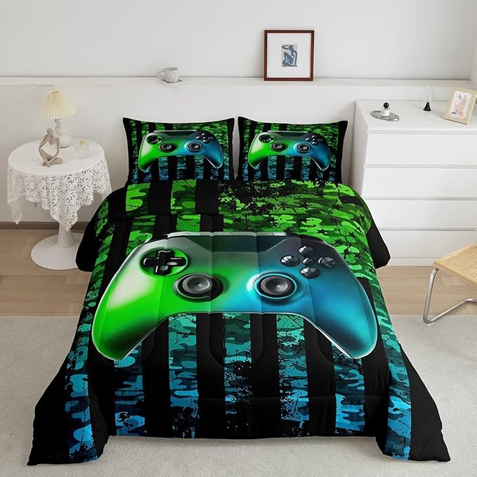 Gamer Comforter Set King Kids Boys Teens USA Flag Stars Down Comforter Gaming Comforter Gamer Room Decor Camo Video Game Bedding Set, Gamepad Console Duvet, Youth Young Man Quilt, Grunge Style