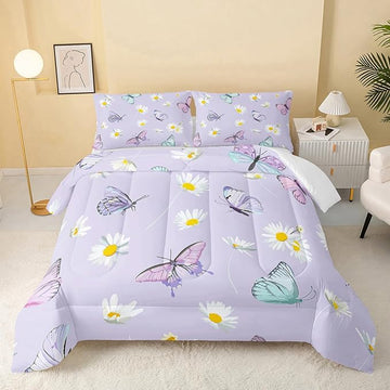 Butterfly Comforter Set for Kids Teens Girls Women,Daisy Kids Comforter,1 Comforter with 2 Pillowcase, Microfiber 3 Piece Bedding Set,for All Seasons(Purple，Full Size)