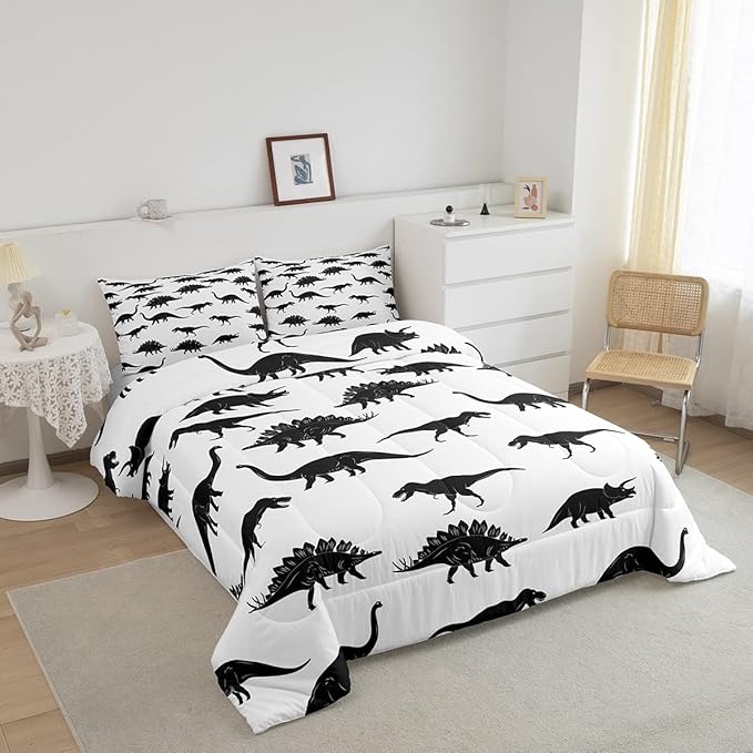 Erosebridal Dinosaur Down Comforter Dino Silhouettes Bedding Set King Size, Wildlife Animals Black White Comforter Sets for Kids Boys Teens Adult Bedroom, Dinosaurs Comforter with 2 Pillow Cases