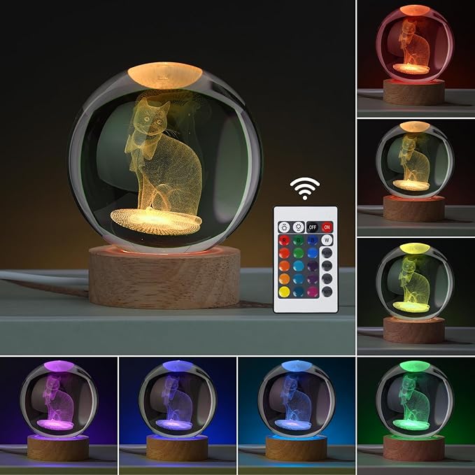 Cat Gifts for Cat Lovers for Women, Large 3D Cat Night Light, Crystal Cat Figurines Lamp 16 Color Changing with Remote Control for Bedroom Decor, Cat Gifts for Cat Lovers