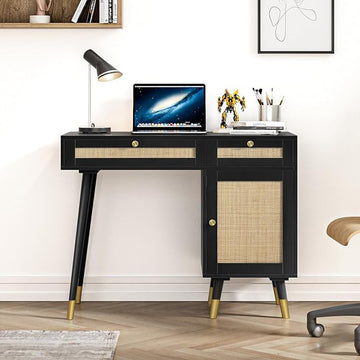 Anmytek Rattan Vanity Desk with Drawers and Storage, Black Makeup Vanity Table Modern Home Office Desk Computer Desk for Study D0005