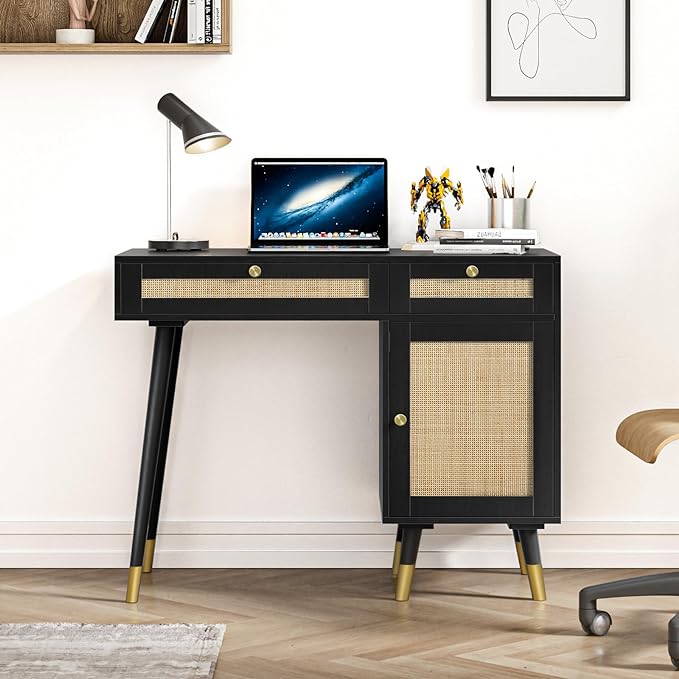 Anmytek Rattan Vanity Desk with Drawers and Storage, Black Makeup Vanity Table Modern Home Office Desk Computer Desk for Study D0005