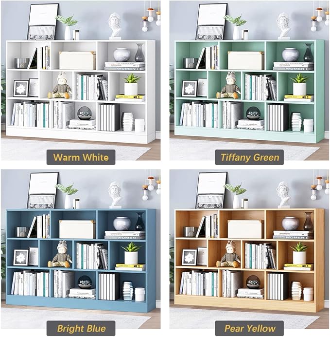 IOTXY Open Shelf Low Bookcase - Wooden 3-Tier Floor Standing Display Cabinet Organizer with Base, 10 Cubes Short Horizontal Bookshelf in Warm White