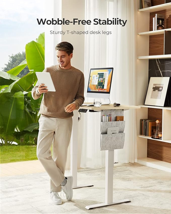 Standing Desk Adjustable Height, Electric Standing Desk with Starage Bag, Stand up Desk for Home Office Computer Desk Memory Preset with Headphone Hook, 48x24 Inch, Maple