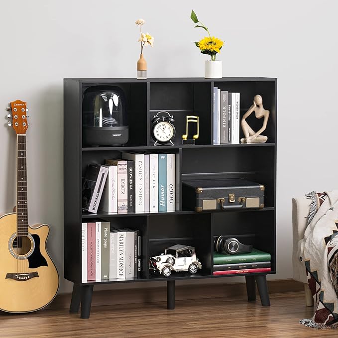YAHARBO 8 Cube Bookshelf,3 Tier Bookcase with Legs,Black Mid-Century Modern Bookshelves,Large Free Standing Open Storage Organizer Shelf,Tall Wooden Book Case Furniture for Bedroom,Living Room,Office