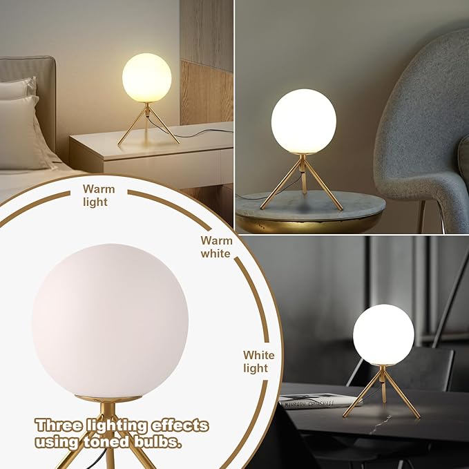 Mid century modern desk lamp with a golden base and white glass ball lampshade, suitable for 3 tone lighting in bedside bedrooms, living rooms, offices, libraries, and study rooms