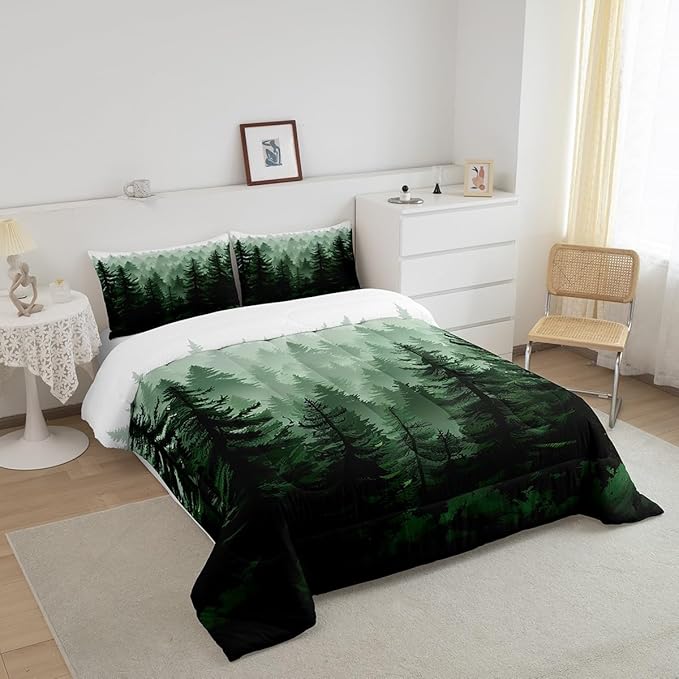 Feelyou Fog Forest Comforter Botanical Pine Trees Comforter Set for Boys Girls Watercolor Green Bedding Set Room Decor King Size Bedspread Cover 3Pcs Boys