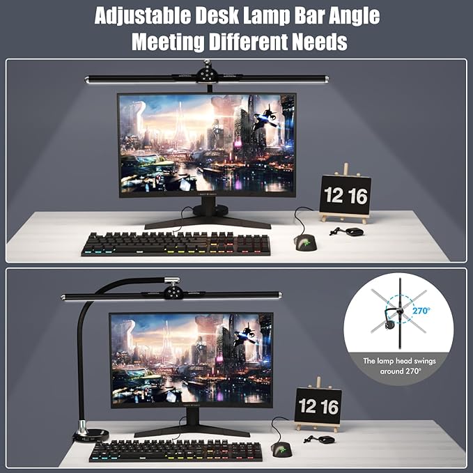 Megainvo LED Desk Lamp with Clamp, 24W Desk Light w/Timer & USB Charging for Home Office, Eye-Care Desk Lamps 5 Color Modes Stepless Dimming Adjustable Table Light for Monitor Work Study Reading