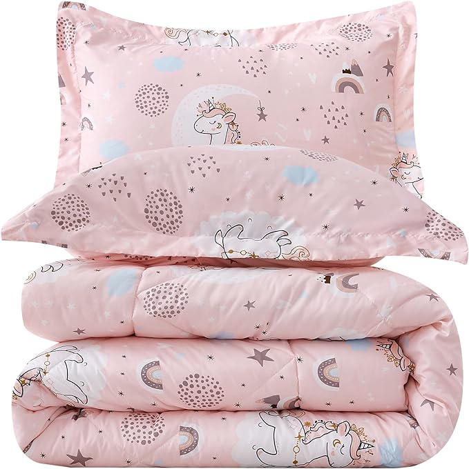 JSD Pink Unicorn Kids Comforter Set for Girls, 2 Pieces Twin Microfiber Comforter with Pillow Sham, Soft Comfortable Machine Washable