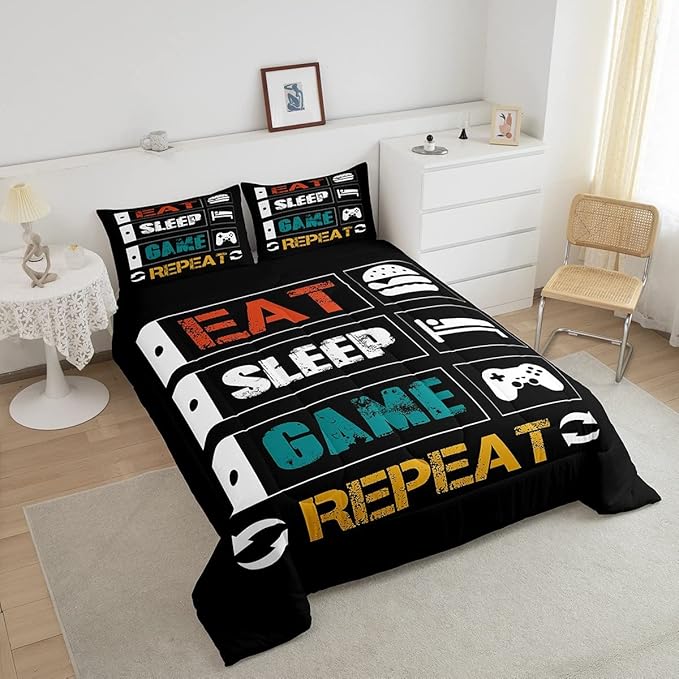 Gamer Comforter Set Full Gaming Bedding Set for Boys Teens Girls Kids Video Games Controller Comforter Funny Creative Eat Sleep Game Repeat Design Reversible Down Comforter for All Season Room Decor