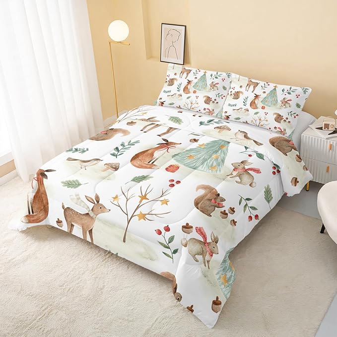 Wild Animal Comforter Full Size,Rabbit Deer Comforter Set for Kids Teens Girls Boys,3Pcs Bedding Set Printed Comforter with 2 Pillowcases,Down Alternative,Soft and Lightweight，Full Size