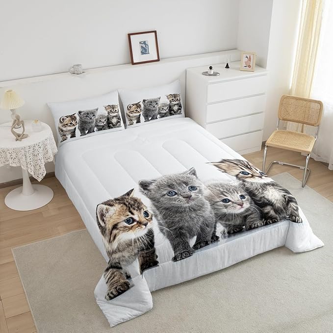 Feelyou Cat Comforter Kids Cute Cat Bedding Set Cartoon Pet Cats Comforter Set for Girls Boys Cute Kitten Room Decor Cat Lovers Kawaii Animal Quilt King Size with 2 Pillow Case Boys