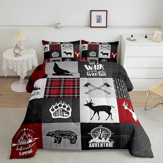 Deer Antler Bear Kids Comforter Set Full Size,Plaids Boho Arrows Patchwork Bedding Set for Boys Girls Adults Room Decor,Rustic Adventure Camper Down Comforter,Red Xmas Duvet Insert,2 Pillowcases