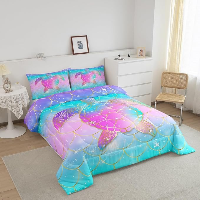 Erosebridal Mermaid Scales Comforter Set for Girls, Tortoise Reptile Bedding Set King Size, Sea Turtle Ocean Life Duvet Sets for Kids Children Boys Women, Sweet Girly Down Comforter, Teal Blue