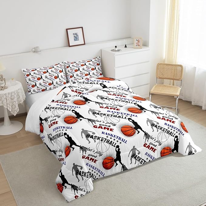 Erosebridal Teen Boys Basketball Bedding Full Size Basketball Player Quilt Set Kids Girls Sports Bed Comforter Set All Season,Soft Lightweight Duvet Set 1 Basketball Comforter and 2 Pillow Cases