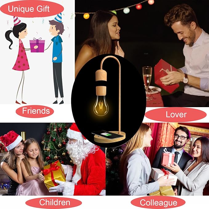 Magnetic Levitating Lamp with Wireless Phone Charging Pad Floating Light Bulb LED Night Light Wood Grain Table Lamp Levitation Desk Lamp for Office Home Decoration Christmas Gift