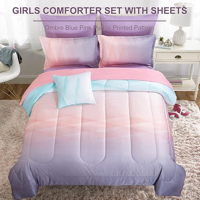 Girls Comforter Set Queen Size Colorful Ombre Blue Pink Purple Rainbow Bedding Set 7 Pieces Bed in A Bag for Kids Teen Girls Women with Comforter, Flat Sheet, Fitted Sheet