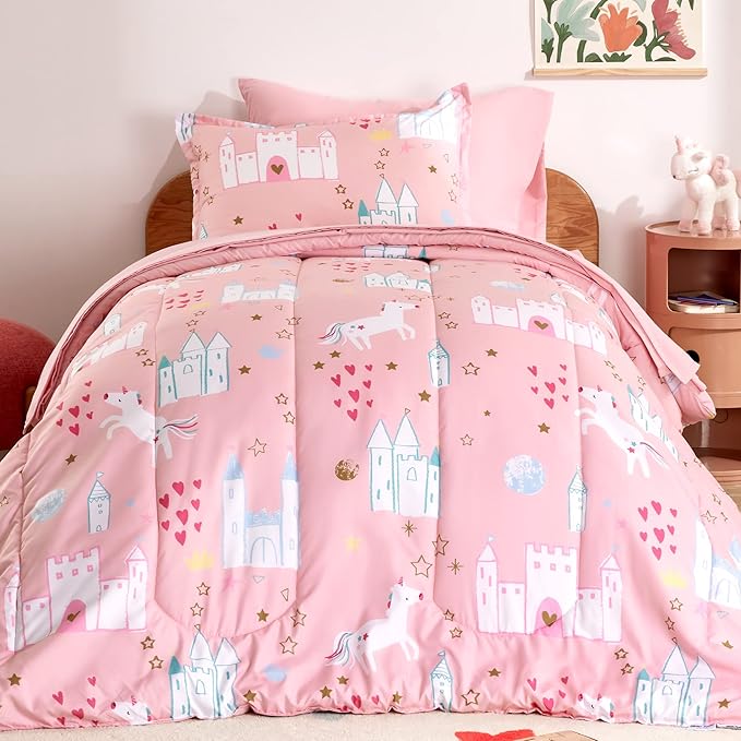 SLEEP ZONE Kids Bedding Twin Comforter Set - Super Soft & Cute Printed 2-Piece Comforter Set All Seasons for Boys, Girls, Fade Resistant, Machine Washable, Unicorn Castle