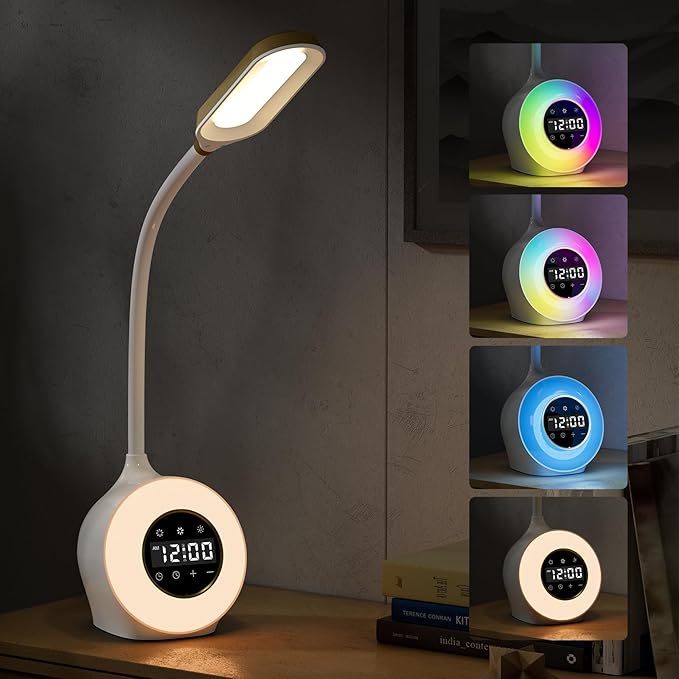 Desk Lamp with Alarm Clock, Sunrise Alarm Clock for Bedrooms,Digital Clock with Colourful Light, Cool Stuff Alarm Clocks for Kids