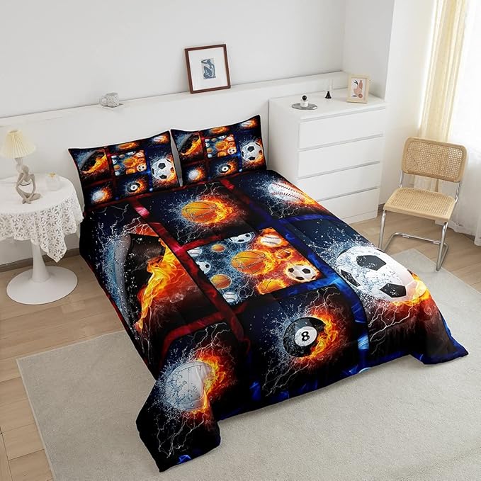 Sports Comforter Sets For Boys King,Teen Basketball Baseball Football Bedding Comforter Set For Men Volleyball Soccer Hockey Quilt Comforter,Red Blue Water And Fire Lightning Bed Duvet 2 Pillow Cases