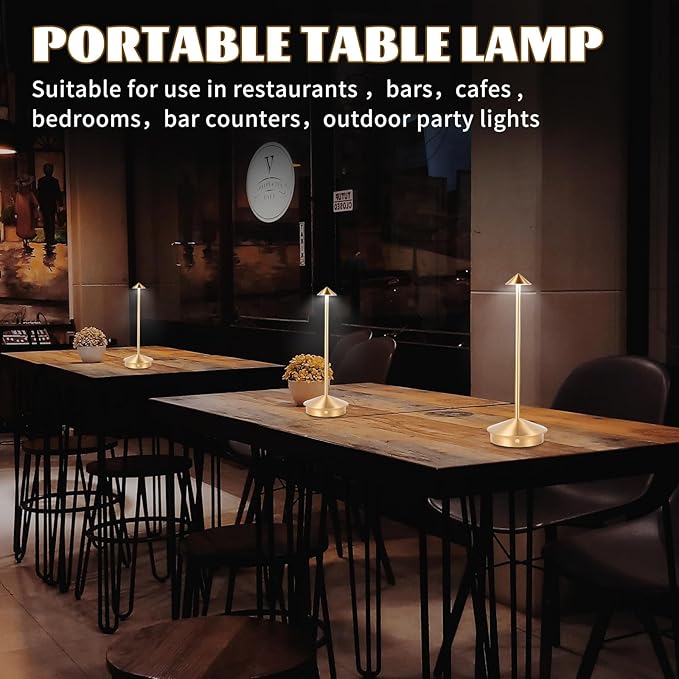 Rechargeable Battery Operated Desk Lamp with Touch Sensor Cordless Portable LED Table Lamp， Three-Level Dimmable Suitable for Bars/Cafes/Restaurants/Bedrooms/Camping Sites (Gold)