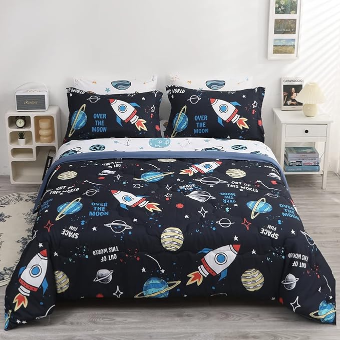 Wajade Kids Space Comforter Set Bed in A Bag Queen Size 7 Piece 3D Space Rocket Planets Bedding Set for Teens Boys Girls (1 Comforter, 1 Flat Sheet, 1 Fitted Sheet, 2 Pillowcase and 2 Pillow Sham)