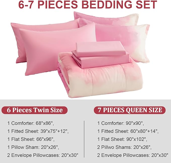 Dinjoy Girls Comforter Set Twin Size Colorful Rainbow Ombre Pink Bedding Set Gradient Soft Lightweight 6 Pieces Bed in A Bag for Kids Teen Women(1 Comforter, 1 Flat Sheet, 1 Fitted Sheet)