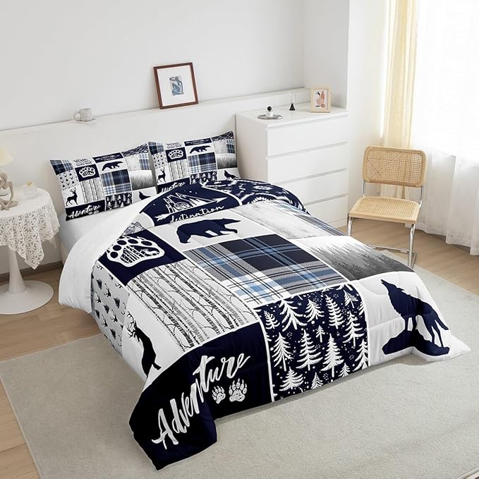 Manfei Deer Bear Kids Comforter Set King Size,Wolf Hunting Adventure Rustic Bedding Set for Boys Girls Adults Room Decor,Geometric Plaids Patchwork Down Comforter,Blue Xmas Duvet Insert,2 Pillowcases