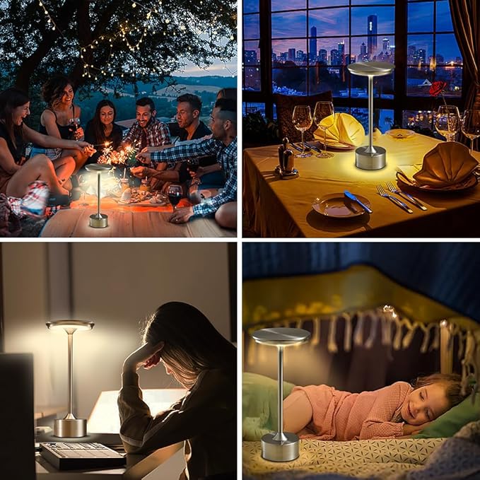 Portable Metal Desk Lamp, 3-Levels Brightness Metal LED Table Lamp, 3 Color Touch Control Rechargeable Lamp, Night Light, Bedside Lamp,Dining Room Lamp (Silver)