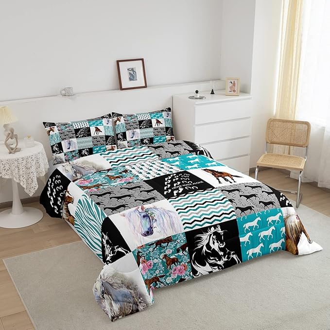 Horse Bedding,Western Farmhouse Horse Comforter Set For Girls Twin Bed,Boho Arrow Teal Zebra Stripe Comforter For Kids Boys Women,Rose Flower Rustic Cowboy Quilt Duvet sets 1 Pillowcases Black White