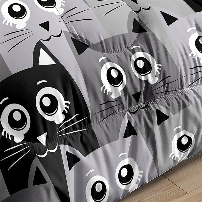 Cartoon Cat Bedding Set - 3Pcs Cute Cat Comforter Set for Bedroom Kids Boys Girls Cat Bedding Decor for All-Season Kawaii Kitten Pattern Lovely Animal 1 Cat Comforter with 2 Pillowcases, Full Size