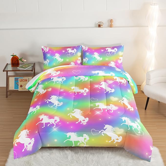 HOSIMA Unicorn Bedding 3pcs Rainbow Comforter Set with 2 Pillowcases,Sparkle Stars Queen Comforter Set for Adults Teen Girls,Cute Rainbow Unicorn Comforter Princess Toddler Bedding Set.