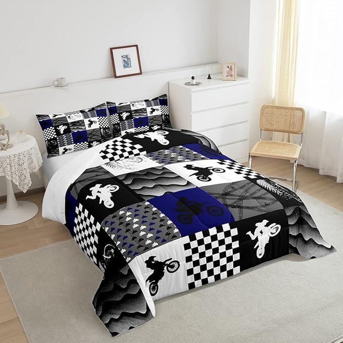 Dirt Bike Comforter Set, Motocross Rider Bedding Comforter Sets Full, Motorcycle Grunge Down Comforter For Kids Boys Adult Men, Motorbike Extreme Sport Game Comforter, Buffalo Plaid, Blue Grey Black
