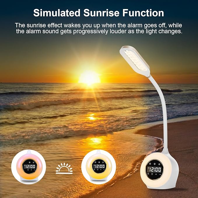 Desk Lamp with Alarm Clock, Sunrise Alarm Clock for Bedrooms,Digital Clock with Colourful Light, Cool Stuff Alarm Clocks for Kids