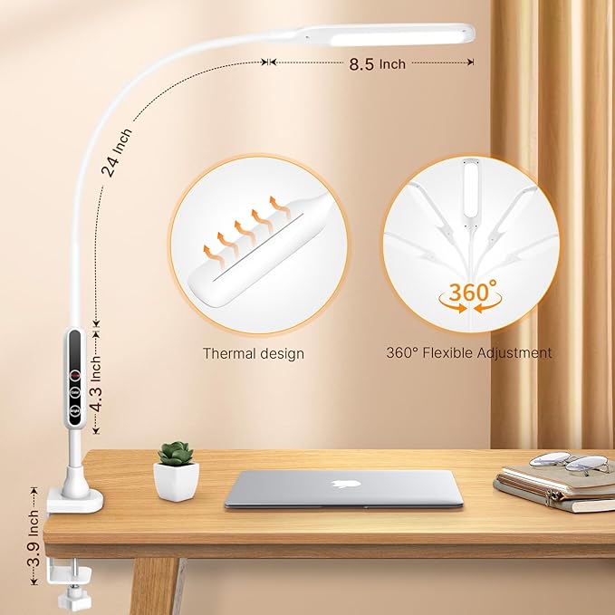 LED Desk Lamp with Clamp, Workbench Light, 10W Eye-Caring Desk Lights, 5 Brightness Levels with Remote Control, Flexible Gooseneck Task Lamp for Office Work Drawing Study Lamp (White)