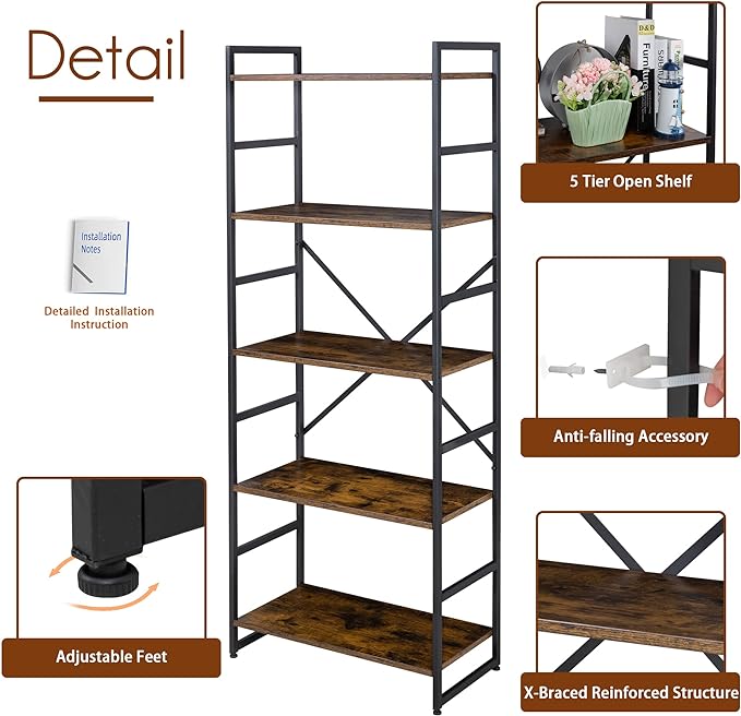 Shintenchi 2 Pieces 5 Tiers Bookshelf, Classically Tall Bookcase Shelf, Industrial Book Rack, Modern Book Holder in Bedroom/Living Room/Home/Office, Storage Rack Shelves for Books/Movies Brown