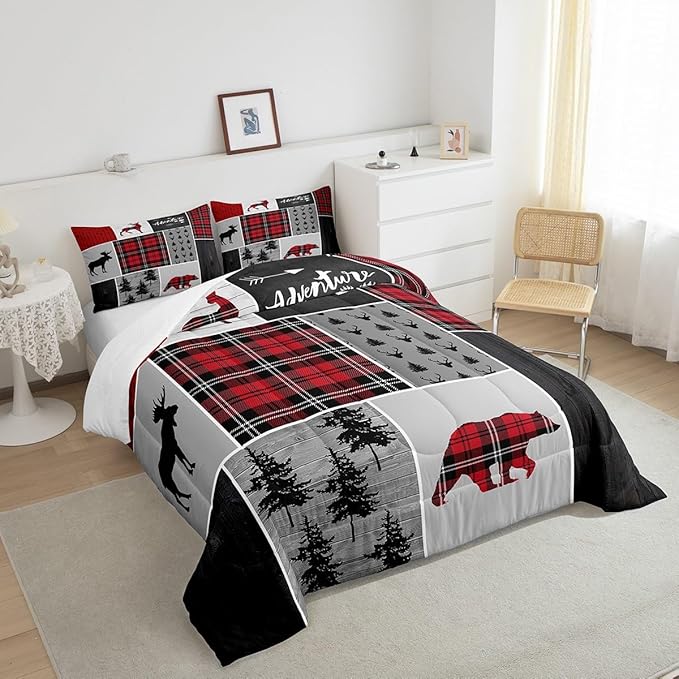 Deer Antlers Bear Kids Comforter Set Queen Size,Plaids Boho Arrows Patchwork Bedding Set for Boys Girls Adults Room Decor,Rustic Adventure Xmas Down Comforter,Red Retro Duvet Insert,2 Pillowcases
