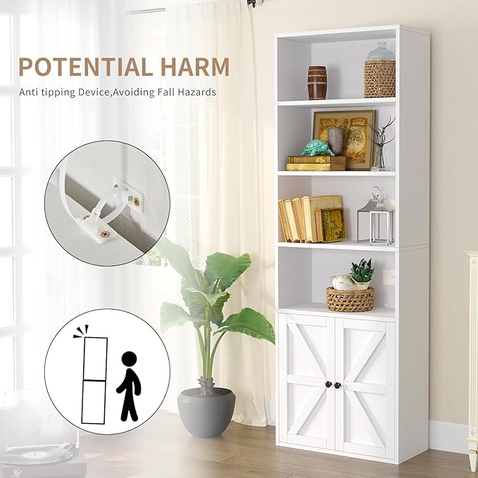 oneinmil 6 Tier Bookcase Set of 2,Wooden Bookshelves with Cabinet Doors, Floor Bookshelf and Office Storage Cabinets for Home Office, Living Room,White