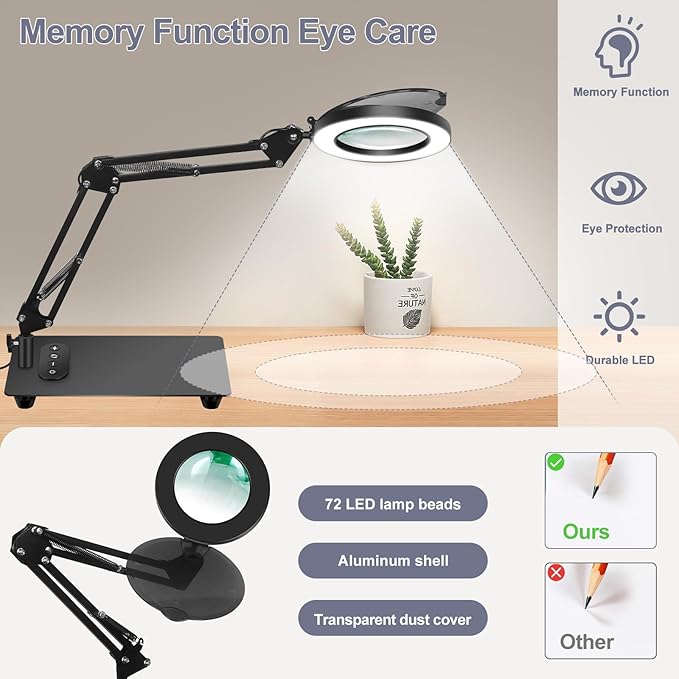 Magnifying Glass with Light with Base Controler, 5 Color Modes Stepless Dimmable LED Lighted Desk Lamp,Magnifying Glass with Light and Stand, Hands-Free Desk Magnifier Light for Craft Hobby Painting