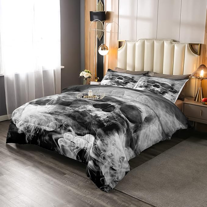 Erosebridal Skull Comforter Set Full, Halloween Down Comforter, Gothic Fog Smoke Skull Skeleton Quilted Duvet, Grey Bedding Comforters for Young Man Boy Teens, Room Decorative, Soft Duvet Insert