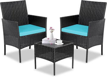 Patio Furniture Set 3 Pieces All-Weather Rattan Outdoor Furniture Patio Chairs with Tempered Glass Table for Porch Bistro Balcony Bistro Set(Black/Blue)